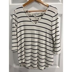 EMORY PARK Womens‎ Striped V Neck Crisscross 3/4 Sleeve Top Size M